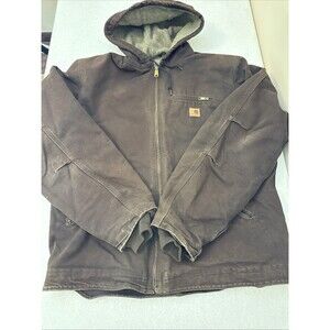 VTG Carhartt Sierra Brown Canvas Sherpa Lined Jacket Hood Distressed Size Large